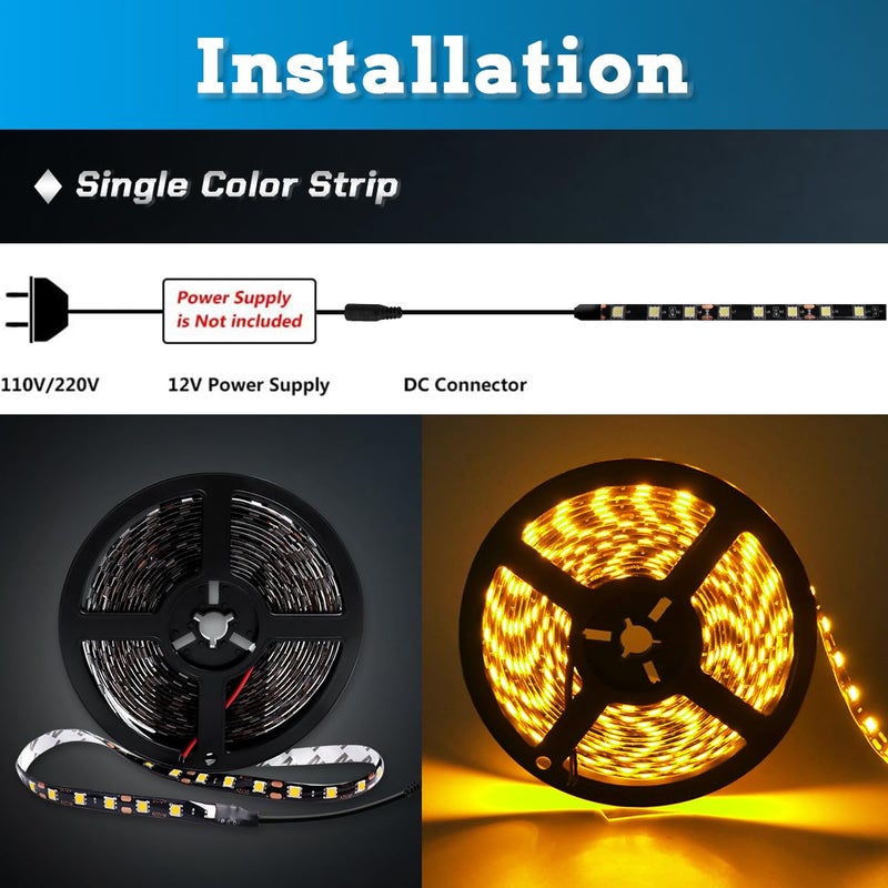 Qoope Yellow 16.4ft LED Strip Lights, Flexible 5M 300SMD Warm White LED Tape Lights, Waterproof 12V Rope Lights for TV Backlight, Cabinet, Kitchen, Cuttable LED Indoor Outdoor Christmas Decoration - Image 5